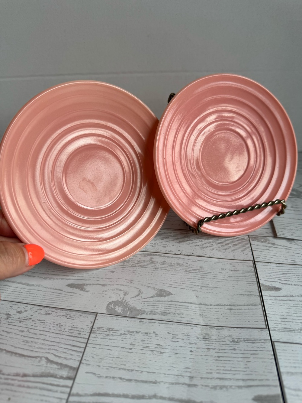 Hazel-Atlas Set of 2 Vintage Pink Ribbed Saucer plates